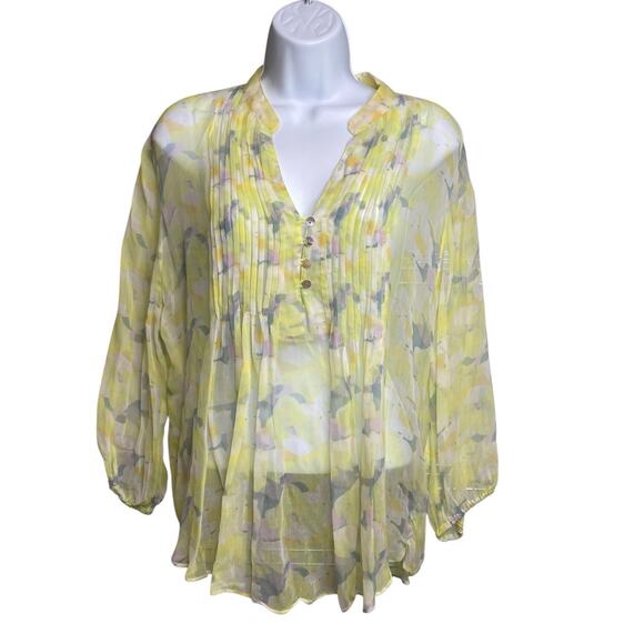 Vintage CASUAL STUDIO Women's Yellow Floral Sheer Blouse Size M Oversized Boho - Picture 1 of 12